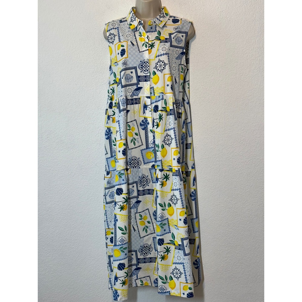 Alex's Lemonade Stand  Blue Yellow Lemon Print Cotton Maxi Dress L Oversized
